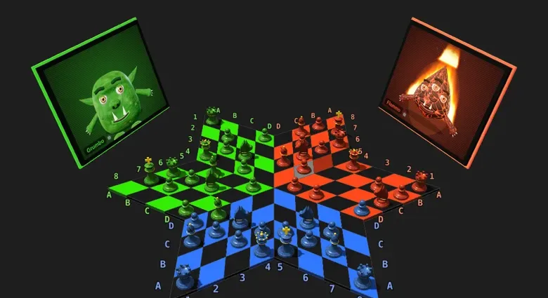 Das sternförmige Brett in der 3D-Ansicht mit den Computergegnern Grumbo und Flammo auf Monitoren